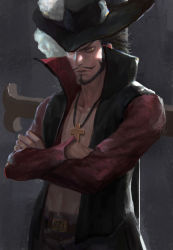 Rule 34 | 1boy, belt, black hair, crossed arms, diaodiao, dracule mihawk, hat, hat feather, highres, jewelry, lining, male focus, necklace, one piece, open clothes, open shirt, shirt, solo, sword, weapon, yellow eyes, yoru (one piece)