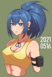 Rule 34 | 1girl, armlet, bare shoulders, blue eyes, blue hair, breasts, dated, dog tags, earrings, green background, highres, jewelry, leona heidern, looking at viewer, muko (tundere), pocket, ponytail, simple background, sleeveless, solo, tank top, the king of fighters, the king of fighters xv