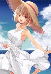 Rule 34 | 1girl, absurdres, blonde hair, blush, breasts, collarbone, dress, hat, highres, izumi mahiru, large breasts, looking at viewer, lycoris recoil, nishikigi chisato, ocean, open mouth, outdoors, short hair, sideboob, sky, sleeveless, smile, solo, straw hat, white dress