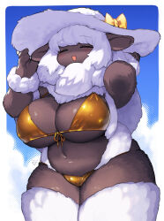 Rule 34 | 1girl, animal ears, arm behind back, bikini, blue sky, bow, breasts, cleavage, closed eyes, cloud, commentary, covered erect nipples, cowboy shot, curvy, dated, front-tie bikini top, front-tie top, furry, furry female, gold bikini, hat, hat bow, highres, huge breasts, kishibe, light blush, navel, original, outdoors, sheep ears, sheep girl, signature, sky, smile, solo, sun hat, swimsuit, symbol-only commentary, thick thighs, thighs, white hair, white hat, wool