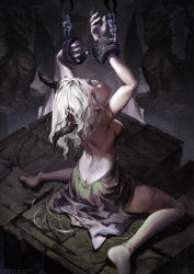 Rule 34 | 1girl, aqua eyes, arms up, ass, backless dress, backless outfit, bare back, bare shoulders, blonde hair, bondage, bound, bound wrists, breasts, butt crack, caesty, cuffs, dragon, dragon girl, dragon horns, dress, from behind, full body, gargoyle, horns, looking back, medium breasts, no panties, no shoes, original, shackles, shaft look, sideboob, silver hair, sitting, solo, thighhighs, wariza