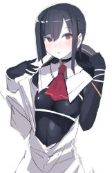 Rule 34 | 1girl, black hair, blush, bodysuit, character request, copyright request, highres, looking at viewer, pale skin, red eyes, simple background, solo, taishi (picchiridou), white background