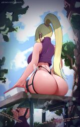 Rule 34 | 1girl, absurdres, ass, bench, blonde hair, branch, breasts, cloud, cloudy sky, english text, female focus, fishnet thighhighs, fishnets, from behind, garter straps, highres, huge filesize, large breasts, long hair, naruto (series), naruto shippuuden, outdoors, ponytail, puri (wettypeach), purple shirt, shirt, sitting, sky, sleeveless, sleeveless shirt, solo, sweat, thighhighs, thong, tree, yamanaka ino