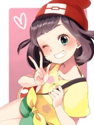 Rule 34 | 1girl, bag, beanie, brown hair, clenched teeth, commentary request, creatures (company), eyelashes, floral print, game freak, green eyes, green shorts, hat, heart, holding strap, looking at viewer, nintendo, one eye closed, pokemon, pokemon sm, red hat, sasairebun, selene (pokemon), shirt, short shorts, short sleeves, shorts, shoulder bag, smile, solo, teeth, tied shirt, w, yellow shirt