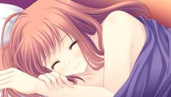 Rule 34 | 1girl, bed sheet, bluette nicolette planquette, blush, collarbone, closed eyes, game cg, happy, indoors, lying, nishimata aoi, nude, on bed, on side, orange hair, otome riron to sonogo no shuuhen: belle &eacute;poque, pillow, short hair, side ponytail, smile, solo, suzuhira hiro, under covers