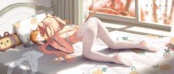 Rule 34 | 1girl, absurdres, animal ears, artist name, ass, bare arms, bare shoulders, bigxixi, bow, bra, breasts, cat, curtains, day, feet, full body, hair ribbon, hair rings, highres, indoors, lion ears, lion girl, lion tail, medium breasts, nintendo switch, original, panties, panties under pantyhose, pantyhose, pillow, pink bow, print panties, ribbon, solo, stuffed animal, stuffed lion, stuffed toy, tail, top-down bottom-up, twintails, underwear, white bra, white pantyhose, window