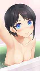 Rule 34 | 1girl, apollo (hu maple), arm up, armpits, bathing, bathtub, black hair, blue eyes, blush, breast press, breasts, closed mouth, collarbone, commentary request, highres, looking at viewer, no nipples, original, parted bangs, partially submerged, selfie, short hair, small breasts, smile, solo, water