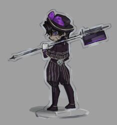 Rule 34 | 1boy, acrylic stand (object), black hat, brown capelet, brown hair, brown pants, capelet, chanil (muexlku), closed mouth, full body, gold trim, grey background, hat, heathcliff (project moon), highres, holding, holding weapon, limbus company, looking at viewer, pants, project moon, purple eyes, simple background, solo, weapon