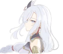 Rule 34 | 1girl, braid, breasts, closed mouth, cropped torso, detached sleeves, earrings, genshin impact, grey hair, hair ornament, jewelry, large breasts, long hair, low-braided long hair, low-tied long hair, profile, shenhe (genshin impact), shirase (shirose), sidelocks, simple background, single braid, solo, tassel, tassel earrings, upper body, very long hair, white background