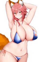 Rule 34 | 1girl, animal ear fluff, animal ears, arind yudha, armpit focus, armpits, bare shoulders, bikini, blue bikini, blush, breasts, cleavage, collarbone, fate/grand order, fate (series), fox ears, fox tail, highres, large breasts, long hair, looking at viewer, navel, pink hair, solo, swimsuit, tail, tamamo (fate), tamamo no mae (fate/extra), tamamo no mae (swimsuit lancer) (fate), thighs, yellow eyes