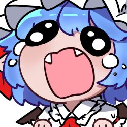Rule 34 | 1girl, bat wings, blue hair, collared shirt, crying, crying with eyes open, fangs, frilled shirt collar, frills, hat, highres, mob cap, open mouth, remilia scarlet, shirt, short hair, simple background, solid oval eyes, tears, touhou, white background, white headwear, white shirt, wind become, wings