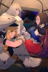 Rule 34 | 2boys, 2girls, artoria caster (fate), artoria caster (first ascension) (fate), artoria pendragon (fate), black bow, black pantyhose, blonde hair, blue eyes, blue gloves, boots, bow, breasts, brown dress, brown hair, carriage, cloak, dress, echo (circa), elbow gloves, fate/grand order, fate (series), forehead, fur-trimmed cloak, fur trim, gloves, green eyes, grey dress, grey footwear, grey gloves, grey hair, grey headwear, hair bow, hat, horse boy, knee boots, leonardo da vinci (fate), leonardo da vinci (fate/grand order), leonardo da vinci (rider) (fate), long hair, looking at viewer, multiple boys, multiple girls, oberon (fate), open mouth, pantyhose, parted bangs, ponytail, puff and slash sleeves, puffy short sleeves, puffy sleeves, red hare (fate), red skirt, short hair, short sleeves, sitting, skirt, sleeveless, sleeveless dress, small breasts, smile, thighs, twintails