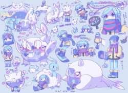Rule 34 | 1boy, abomasnow, altaria, aurorus, avalugg, beanie, beartic, blue hair, blue headwear, boots, cetitan, character print, chibi, closed eyes, commentary request, creatures (company), eiscue, eiscue (ice), game freak, gen 2 pokemon, gen 3 pokemon, gen 4 pokemon, gen 5 pokemon, gen 6 pokemon, gen 8 pokemon, grusha (pokemon), hat, heart, highres, holding snowboard, jacket, long hair, lying, male focus, multiple views, nintendo, on back, pants, pokemon, pokemon (creature), pokemon sv, scarf, scarf over mouth, shi (soudana sigurd), sleeping, sneasel, snom, snowboarding, standing, translation request, vanillite, yellow jacket