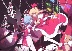 Rule 34 | 2girls, absurdres, ascot, back bow, bat wings, bing zizi, blonde hair, blood, blood on face, blood splatter, blue hair, bobby socks, bow, chain, collared shirt, commentary, cross, crystal, disembodied hand, eye contact, fingernails, flandre scarlet, frilled shirt collar, frilled skirt, frills, from side, hair ribbon, highres, impaled, long fingernails, looking at another, medium hair, multiple girls, nail polish, one side up, open mouth, parted lips, pink shirt, pink skirt, profile, puffy short sleeves, puffy sleeves, red bow, red eyes, red footwear, red nails, red ribbon, red skirt, red vest, remilia scarlet, restrained, ribbon, shirt, shoes, short hair, short sleeves, siblings, sisters, skirt, skirt set, skull, socks, stab, stuffed animal, stuffed toy, sword, teddy bear, touhou, vest, weapon, white legwear, white shirt, wing collar, wings, wrist cuffs, yellow ascot