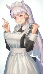 Rule 34 | 1girl, :d, absurdres, alternate costume, apron, black dress, bow, breasts, dress, enmaided, erulusyro, gold ship (umamusume), grin, hair bow, highres, holding, holding tray, horse girl, large breasts, long hair, long sleeves, looking at viewer, maid, maid apron, maid headdress, open mouth, purple eyes, purple hair, simple background, smile, teeth, tray, umamusume, white apron, white background