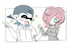 Rule 34 | 1boy, 1girl, artist request, blue hair, blush, closed eyes, fangs, green eyes, hair over one eye, hat, hetero, holding another&#039;s arm, inkling player character, nintendo, red hair, smile, splatoon (series), takozonesu, tentacle hair