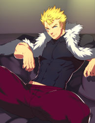Rule 34 | 1boy, absurdres, bara, black eyes, blonde hair, coat, facial tattoo, fairy tail, fur-trimmed coat, fur trim, highres, large pectorals, laxus dreyar, looking at viewer, lvlv, male focus, midriff peek, muscular, muscular male, pants, pectorals, purple pants, short hair, sideburns, skin tight, solo, spiked hair, spread legs, tattoo, thick thighs, thighs