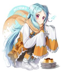 Rule 34 | 1girl, bad id, bad twitter id, black pantyhose, blue hair, blush, boots, character name, character request, closed mouth, eating, full body, holding, holding plate, holding spoon, long hair, long sleeves, looking at viewer, pantyhose, pink eyes, plate, plate stack, princess connect!, sleeves past wrists, solo, spoon, squatting, superpig, very long hair, white footwear