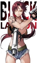 Rule 34 | 1girl, absurdres, belt, black lagoon, breasts, brown eyes, brown hair, cigarette, copyright name, denim, denim shorts, dual wielding, fingerless gloves, gloves, gun, handgun, highres, holding, holding gun, holding weapon, holster, large breasts, long hair, looking at viewer, midriff, navel, pistol, ponytail, revy (black lagoon), shorts, solo, tank top, tattoo, thigh gap, weapon, yoshio (55level)