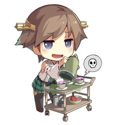 Rule 34 | 10s, 1girl, :d, blue eyes, brown hair, cup, hairband, hiei (kancolle), japanese clothes, kantai collection, lino-lin, no legwear, nontraditional miko, open mouth, short hair, skirt, skull, smile, solo, teacup, teapot, thighhighs