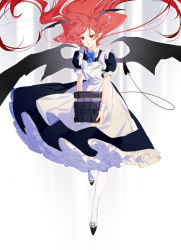Rule 34 | 1girl, abstract background, apron, bat wings, black dress, black footwear, blue bow, book, bow, bowtie, collared shirt, demon girl, demon tail, demon wings, dress, floating, floating hair, grey background, head wings, holding, holding book, koakuma, long dress, long hair, looking at viewer, maid apron, parted bangs, parted lips, petticoat, pointy ears, puffy sleeves, red eyes, red hair, shirt, solo, tail, tian (my dear), touhou, very long hair, white background, white legwear, wings, wrist cuffs