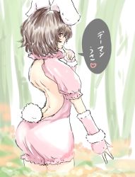 Rule 34 | 1girl, animal ears, ass, back, back cutout, backless outfit, black hair, brown eyes, clothing cutout, finger to mouth, fingerless gloves, from behind, gloves, inaba tewi, kongari tokei, puffy sleeves, rabbit ears, rabbit girl, rabbit tail, short hair, solo, tail, touhou, translation request, v