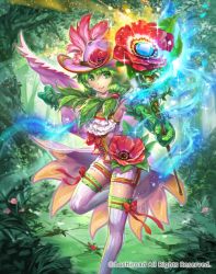 Rule 34 | 1girl, anemone musketeer susanna, cape, cardfight!! vanguard, company name, flower, gem, gloves, green eyes, green hair, hat, hmk84, leaf, low twintails, official art, solo, sparkle, staff, thighhighs, tree, twintails, upper body