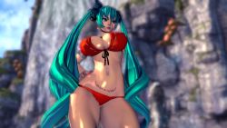 Rule 34 | 10s, 1girl, 3d, aqua hair, beach, bikini, blade &amp; soul, breasts, day, gon (blade &amp; soul), huge breasts, large breasts, nail polish, solo, swimsuit, twintails