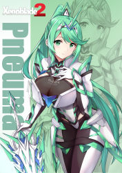 Rule 34 | 1girl, absurdres, armor, breasts, character name, chest jewel, earrings, female focus, gem, gloves, greek text, green eyes, green hair, hair ornament, headpiece, highres, holding, holding sword, holding weapon, jewelry, large breasts, long hair, matching hair/eyes, mechanical wings, nintendo, pneuma (xenoblade), ponytail, solo, swept bangs, sword, tiara, very long hair, weapon, wings, xenoblade chronicles (series), xenoblade chronicles 2, xiao qi