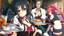 Rule 34 | 1boy, 2girls, aristear remain, ass, astronauts, astronauts comet, blush, bread, breasts, cleavage, dimples of venus, dress, drink, food, game cg, glasses, gloves, green eyes, green hair, highres, himeno haruka, indoors, karen mcdowell, kokusan moyashi, large breasts, long hair, looking at viewer, looking back, midriff, multiple girls, ponytail, red hair, rozea, short shorts, shorts, sitting, smile, standing, stool, tray, waitress, wink, yellow eyes