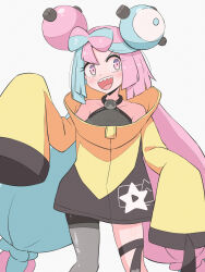 Rule 34 | 1girl, asymmetrical legwear, bare shoulders, bike shorts, blue hair, blush, breasts, character hair ornament, commentary request, creatures (company), eyelashes, game freak, grey shirt, hair ornament, hand up, highres, iono (pokemon), jacket, kurachi mizuki, long hair, looking to the side, medium breasts, multicolored hair, nintendo, open mouth, pink eyes, pink hair, pokemon, pokemon sv, sharp teeth, shirt, simple background, single leg pantyhose, sleeveless, sleeveless shirt, sleeves past fingers, sleeves past wrists, solo, star (symbol), star print, teeth, thigh strap, tongue, twintails, two-tone hair, upper teeth only, very long hair, very long sleeves, white background, yellow jacket