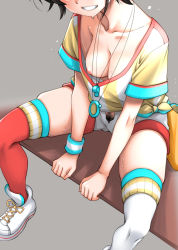 Rule 34 | 1girl, breasts, brown hair, collarbone, downblouse, female pubic hair, grey background, head out of frame, highres, hisakawa chin, hololive, medium breasts, nipples, no bra, oozora subaru, open clothes, open shorts, pubic hair, shoes, short hair, shorts, sitting, smile, solo, sweat, thighhighs, thighs, virtual youtuber, whistle, whistle around neck