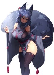 Rule 34 | 1girl, animal ears, aqua eyes, barbariank, bare shoulders, black thighhighs, blue hair, blush, borrowed character, breasts, bridal gauntlets, feet out of frame, fox ears, fox girl, fox shadow puppet, fox tail, gloves, glowing, glowing eyes, hair between eyes, head tilt, highres, japanese clothes, kiri (sub-res), large breasts, leaning forward, legs together, long hair, long sleeves, looking at viewer, multicolored tail, no panties, notched ear, obi, original, parted lips, sash, shaded face, single bridal gauntlet, single glove, skindentation, smile, solo, standing, tail, thick thighs, thighhighs, thighs, transparent background, wide sleeves