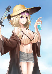Rule 34 | 1girl, animal ear fluff, animal ears, aqua nails, arknights, bare shoulders, bikini, blonde hair, blue sky, braid, breasts, brown jacket, commentary, cowboy shot, cup, day, drinking glass, eyewear on head, grey shorts, hands up, hat, highres, holding, holding cup, jacket, large breasts, long sleeves, nail polish, navel, off shoulder, official alternate costume, open clothes, open jacket, outdoors, purple eyes, rankketer, revision, short hair, short shorts, shorts, side braid, single braid, sky, smile, solo, standing, stomach, striped bikini, striped clothes, sun hat, sunglasses, swimsuit, swimsuit cover-up, thighs, utage (arknights), utage (summer flowers) (arknights), vertical-striped bikini, vertical-striped clothes, wide sleeves