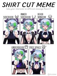 Rule 34 | 1girl, 3d, apricot the lich, bat wings, blue hair, blush, breasts, cleavage cutout, closed eyes, clothing cutout, disgust, earrings, expressions, fishnet sleeves, fishnets, green hair, happy, heart cutout, highres, horns, inner sideboob, jewelry, large breasts, looking down, multicolored hair, multiple drawing challenge, navel, open mouth, scar, scar across eye, scared, serious, shirt cut meme, sideboob, smile, sweat, sword earrings, two-tone hair, underboob, virtual youtuber, vshojo, wings