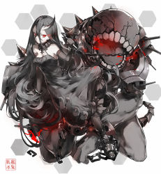 Rule 34 | 10s, 1girl, abyssal ship, battleship water oni, black dress, black hair, boots, breasts, chain, collar, dress, elbow gloves, gloves, high heel boots, high heels, horns, kantai collection, long hair, monster, nine (liuyuhao1992), pantyhose, red eyes, single horn, solo, strapless, strapless dress