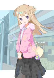 Rule 34 | 1girl, :d, ahoge, bad id, bad twitter id, bag, black skirt, blonde hair, blunt bangs, blunt ends, cowboy shot, fur-trimmed jacket, fur trim, highres, jacket, long hair, long sleeves, looking at viewer, open clothes, open jacket, open mouth, outdoors, own hands together, pink jacket, plaid, plaid skirt, pretty series, pripara, purple eyes, road, skirt, smile, solo, standing, storefront, street, tsukikawa chili, tsukikawa chili (normal), tulaca (pixiv), two side up