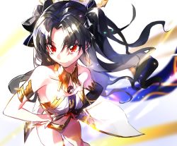 Rule 34 | 1girl, absurdres, armlet, asymmetrical sleeves, bikini, black bow, black hair, black sleeves, bow, bra, breasts, detached sleeves, earrings, fate/grand order, fate (series), foreshortening, hair bow, hands on own hips, highres, hoop earrings, ishtar (fate), jewelry, medium breasts, mismatched bikini, neck ring, parted bangs, red eyes, single detached sleeve, solo, swimsuit, tiara, two side up, underwear, uneven sleeves, wata (attaka towel), white bra
