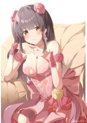 Rule 34 | 1girl, :t, absurdres, arm garter, back bow, blush, bow, breasts, brown hair, cleavage, closed mouth, cowboy shot, dot nose, dress, earrings, flower, hair flower, hair ornament, highres, idoly pride, jewelry, large breasts, long bangs, long hair, necklace, orange eyes, own hands together, pearl necklace, pillarboxed, pink bow, pink dress, pink flower, pout, raised eyebrows, rj edward (artist), sidelocks, simple background, sitting, solo, straight hair, suzumura yuu, watermark, white background, wrist cuffs