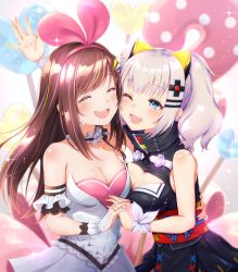 Rule 34 | 2girls, :d, ;d, ^ ^, bare shoulders, black dress, blue eyes, blush, breasts, brown hair, cheek-to-cheek, choker, cleavage, cleavage cutout, closed eyes, clothing cutout, commentary request, dress, fang, hair ornament, hairband, hairclip, happy, heads together, highres, holding hands, interlocked fingers, kaguya luna, kizuna ai, kizuna ai (anniversary), kizuna ai inc., long hair, medium breasts, multicolored hair, multiple girls, obi, one eye closed, open mouth, pink hair, pink hairband, ribbon, sash, short hair, silver hair, sleeveless, smile, streaked hair, tears, the moon studio, toki (toki ship8), twintails, virtual youtuber, white ribbon, wrist ribbon, x hair ornament