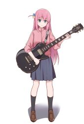 Rule 34 | 1girl, blue eyes, bocchi the rock!, cube hair ornament, electric guitar, full body, gotoh hitori, guitar, hair between eyes, hair ornament, highres, holding, holding instrument, instrument, jacket, long hair, long sleeves, looking at viewer, one side up, pink hair, pink jacket, simple background, skirt, solo, tonogai yoshiki, track jacket, white background