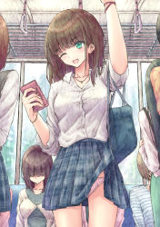 Rule 34 | 5girls, accidental exposure, aramachi, bag, bracelet, brown hair, cellphone, clothes lift, commentary request, green eyes, highres, holding, holding phone, jewelry, long hair, multiple girls, necklace, one eye closed, original, panties, pantyshot, phone, pink panties, school bag, school uniform, skirt, skirt caught on object, skirt lift, smartphone, solo focus, train, train interior, underwear
