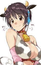 Rule 34 | 10s, 1girl, puff of air, animal ears, animal print, bell, belt, black hair, breasts, brown eyes, cleavage, closed mouth, collar, cow ears, cow print, cow tail, cowbell, fake animal ears, headphones, idolmaster, idolmaster cinderella girls, large breasts, looking at viewer, neck bell, official style, oikawa shizuku, short hair, simple background, smile, solo, tail, upper body, white background, youhei (testament)