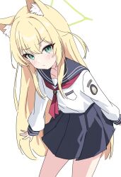 Rule 34 | 1girl, animal ear fluff, animal ears, blonde hair, blue archive, blue sailor collar, blue skirt, blush, breast pocket, collarbone, commentary, cropped legs, fox ears, fox girl, frown, green eyes, hair between eyes, hair intakes, halo, highres, kurumi (blue archive), long hair, long sleeves, nonddu, pleated skirt, pocket, puffy long sleeves, puffy sleeves, sailor collar, school uniform, serafuku, shirt, sidelocks, simple background, skirt, symbol-only commentary, two side up, v-shaped eyebrows, white background, white serafuku, white shirt, yellow halo