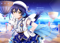 Rule 34 | 1girl, armlet, beret, birthday, blue hair, blush, braid, character name, commentary request, cowboy shot, dated, flower, gloves, hair between eyes, hair flower, hair ornament, hairclip, hand on own chest, happy birthday, hat, headset, heart, highres, long hair, looking at viewer, love live!, love live! school idol project, necktie, shiimai, short sleeves, skirt, smile, solo, sonoda umi, striped necktie, striped neckwear, white gloves, white hat, wings