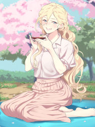 Rule 34 | 1girl, alternate costume, barefoot, blonde hair, blue eyes, blush, breasts, cherry blossoms, collared shirt, cup, day, grin, hair between eyes, highres, holding, holding cup, jewelry, kantai collection, lips, long hair, mole, mole under eye, mole under mouth, outdoors, petals, pink skirt, richelieu (kancolle), ring, sakazuki, shingyou (alexander-13), shirt, short sleeves, sitting, skirt, smile, solo