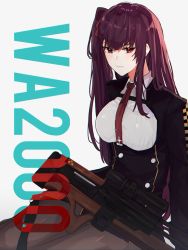 Rule 34 | 1girl, 3o c, black pantyhose, blush, breasts, bullpup, character name, closed mouth, girls&#039; frontline, gun, hair ornament, hair ribbon, highres, long hair, looking at viewer, necktie, pantyhose, purple hair, red eyes, red necktie, ribbon, rifle, shirt, sitting, sniper rifle, solo, wa2000 (girls&#039; frontline), walther, walther wa 2000, weapon, white background, white shirt