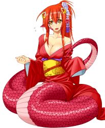 Rule 34 | 10s, 1girl, bare shoulders, breasts, cleavage, fangs, flower, flying sweatdrops, hair flower, hair ornament, highres, japanese clothes, kimono, lamia, large breasts, long hair, looking at viewer, miia (monster musume), monster girl, monster musume no iru nichijou, official art, okayado, open clothes, open mouth, pointy ears, ponytail, simple background, slit pupils, solo, white background, yellow eyes
