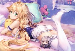 Rule 34 | 1girl, absurdres, ahoge, armband, armpit crease, ass, azur lane, bare shoulders, bed, blonde hair, blurry, blush, bow, braid, breasts, character doll, closed mouth, curtains, depth of field, doll, double horizontal stripe, dress, dunkerque (azur lane), feet, flower, flower pot, frilled dress, frilled thighhighs, frills, garter straps, green eyes, grey hair, hair flaps, hair intakes, hair ornament, hair ribbon, head tilt, heart, heart-shaped pillow, highres, huge filesize, indoors, key, large breasts, le temeraire (azur lane), leg up, light particles, long hair, looking at viewer, looking back, lying, miniskirt, no shoes, hugging object, on bed, on stomach, pillow, pink bow, red eyes, red ribbon, ribbon, riichu, rose, scan, shiny skin, sideboob, skirt, solo, sparkle, strapless, strapless dress, striped, thighhighs, tsurime, twin braids, underbust, very long hair, white bow, white dress, white skirt, white thighhighs, yellow bow, zettai ryouiki