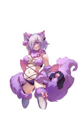 Rule 34 | 1girl, absurdres, animal ears, animal hands, arm up, armpits, bare shoulders, blue legwear, blush, breasts, elbow gloves, fate/grand order, fate (series), fur-trimmed gloves, fur-trimmed legwear, fur collar, fur trim, gloves, hair over one eye, halloween costume, highres, kneeling, lin nulixiulian, looking at viewer, mash kyrielight, mash kyrielight (dangerous beast), medium breasts, navel, o-ring, o-ring top, official alternate costume, parted lips, paw gloves, purple eyes, purple gloves, purple hair, purple legwear, revealing clothes, short hair, solo, stomach, tail, wolf ears, wolf tail